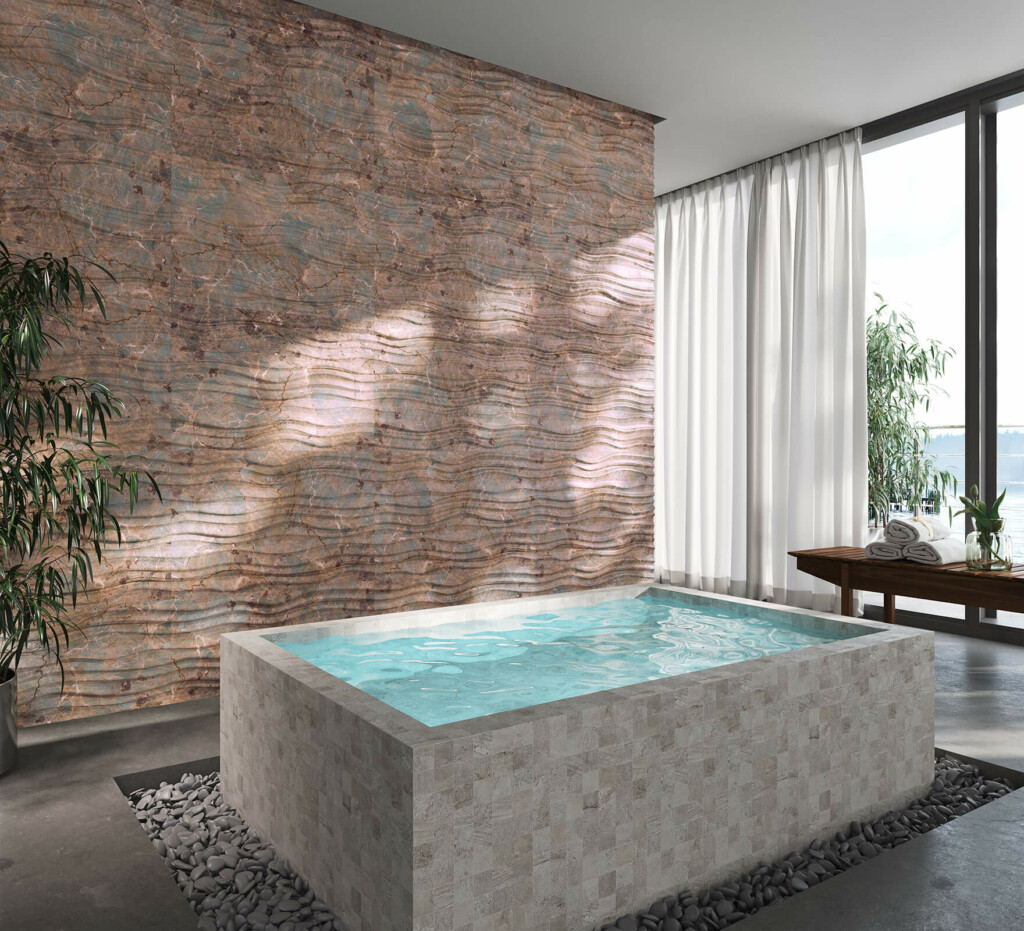 Home Spa que traduz sofisticação e bem-estar, com iluminação natural que ressalta a textura exclusiva do revestimento Duna Colors Amazzonite.